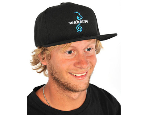 Black Seahorse Waterskiing Snapback Cap Blue Logo