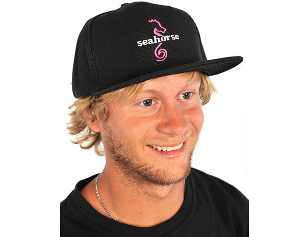 Black Seahorse Waterskiing Snapback Cap Pink Logo