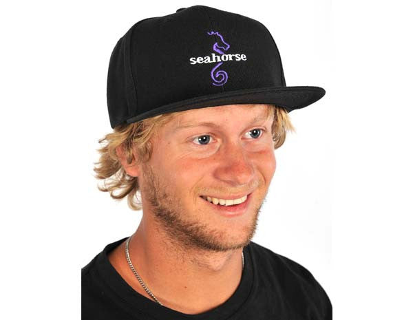 Black Seahorse Waterskiing Snapback Cap Purple Logo
